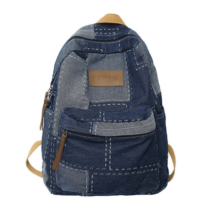 Ielgy Korean Version Lazy Style Denim Schoolbag Preppy Style Student Backpack Washed Retro Stitching Denim Backpack