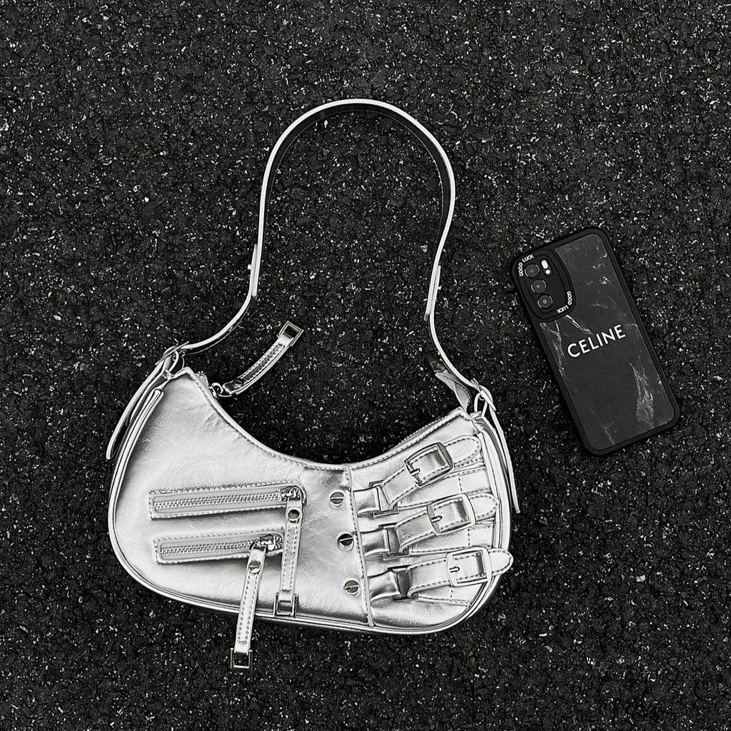 Ielgy Punk Sweet Cool Hot Girl Style Bag Motorcycle One-Shoulder Baguette Underarm Crescent Bag