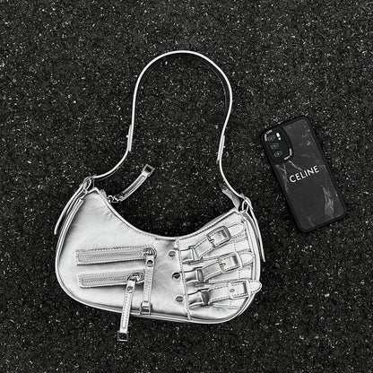 Ielgy Punk Sweet Cool Hot Girl Style Bag Motorcycle One-Shoulder Baguette Underarm Crescent Bag