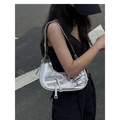 Ielgy Punk Sweet Cool Hot Girl Style Bag Motorcycle One-Shoulder Baguette Underarm Crescent Bag