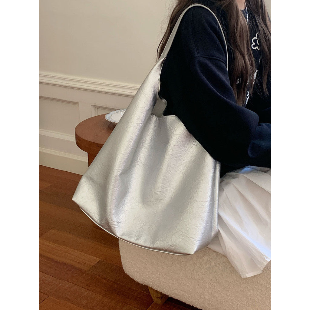 Ielgy Niche Silver Underarm Bag Trendy Korean Version Tote Bag All-Match Student Large-Capacity Shoulder Bag