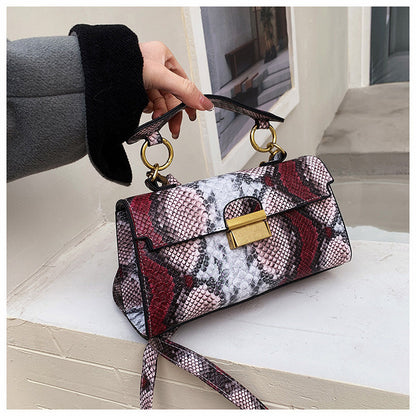 Ielgy Ladies Commuter Shoulder Small Square Bag Contrast Color Snake Pattern Chain Underarm Diagonal Bag