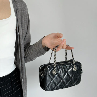 Ielgy Korean Style Textured Diamond Embroidered Small Golden Ball Chain Bag Double Zipper Compartment Female Bag