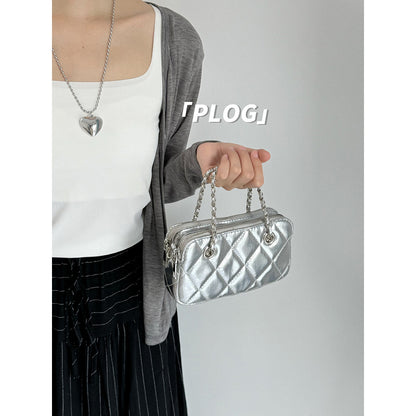 Ielgy Korean Style Textured Diamond Embroidered Small Golden Ball Chain Bag Double Zipper Compartment Female Bag