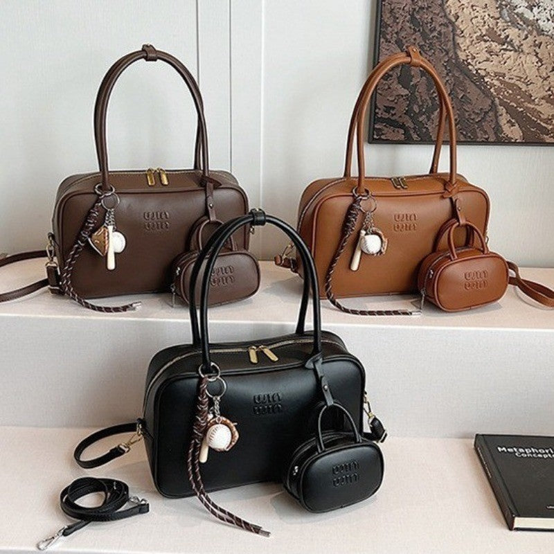 Ielgy Fashion Niche Bowling Briefcase Large Capacity Commuter Handbag One Shoulder Diagonal
