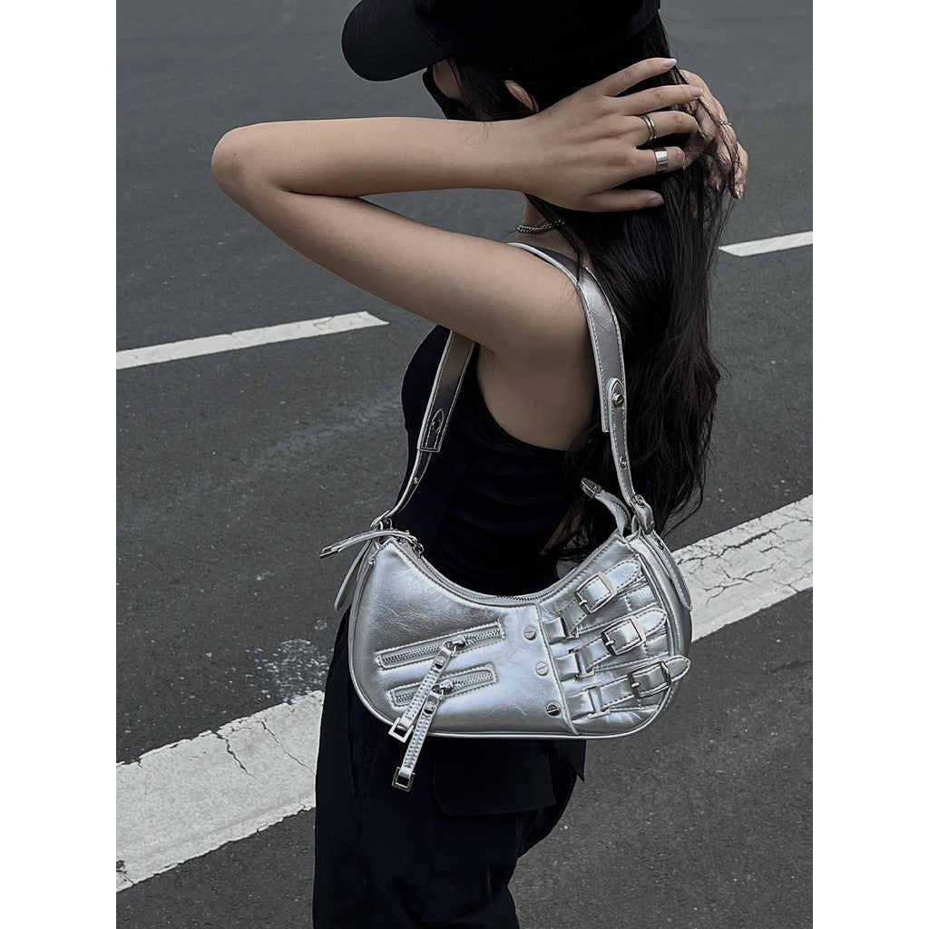 Ielgy Punk Sweet Cool Hot Girl Style Bag Motorcycle One-Shoulder Baguette Underarm Crescent Bag