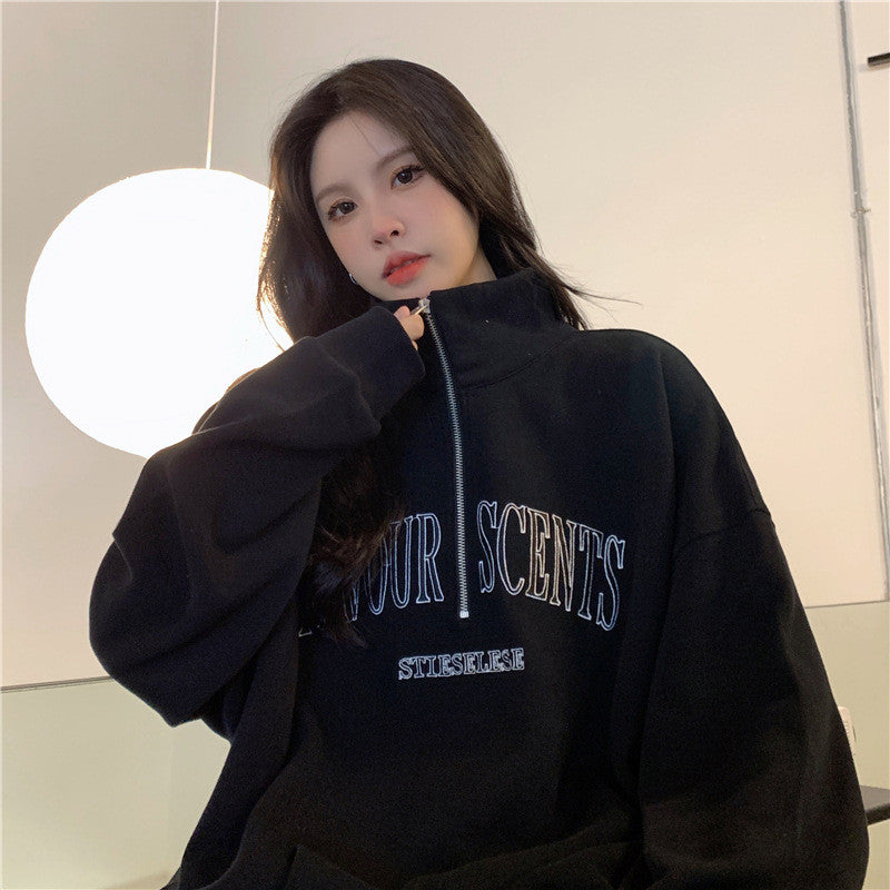IELGY Grey polo collar sweatshirt women's thin loose oversize zipper top