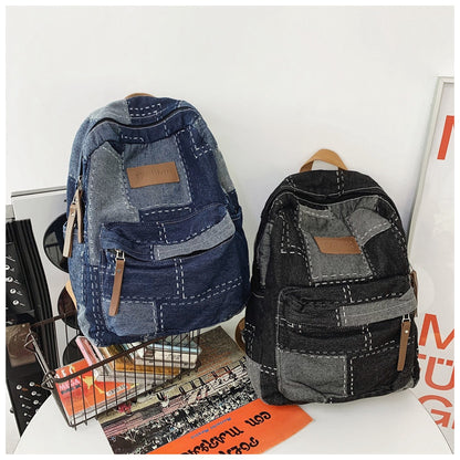 Ielgy Korean Version Lazy Style Denim Schoolbag Preppy Style Student Backpack Washed Retro Stitching Denim Backpack