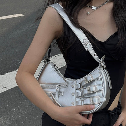 Ielgy Punk Sweet Cool Hot Girl Style Bag Motorcycle One-Shoulder Baguette Underarm Crescent Bag