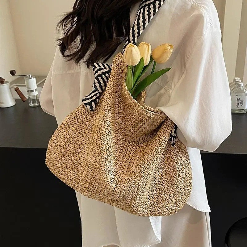 Ielgy Loose Feel Straw Bag Large Capacity Casual One-Shoulder Bucket Bag Woven Seaside Beach Bag