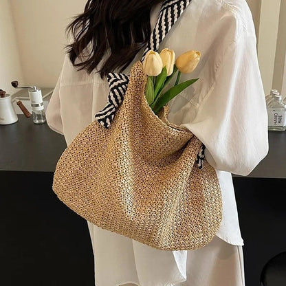 Ielgy Loose Feel Straw Bag Large Capacity Casual One-Shoulder Bucket Bag Woven Seaside Beach Bag