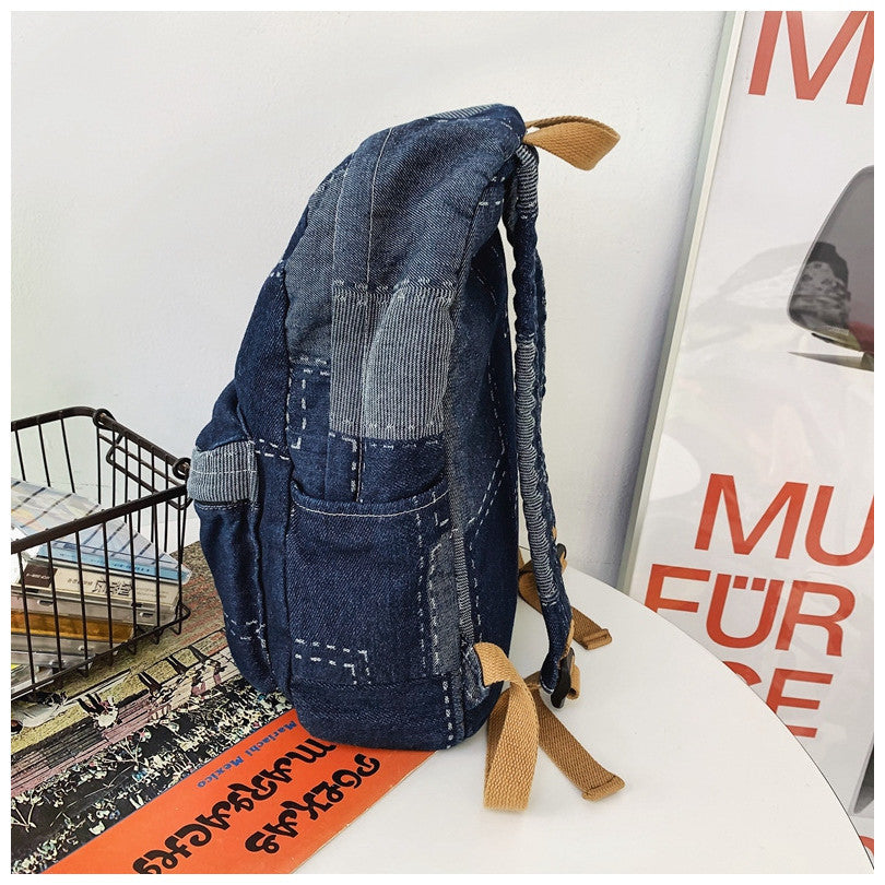 Ielgy Korean Version Lazy Style Denim Schoolbag Preppy Style Student Backpack Washed Retro Stitching Denim Backpack