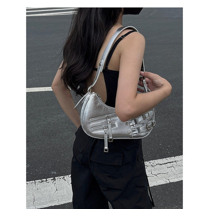 Ielgy Punk Sweet Cool Hot Girl Style Bag Motorcycle One-Shoulder Baguette Underarm Crescent Bag