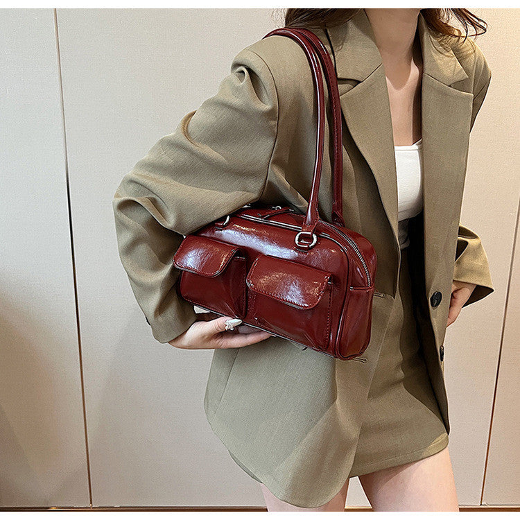 Ielgy Fashion Trend Boston Underarm Bag Melade Color Retro Bowling Shoulder Bag