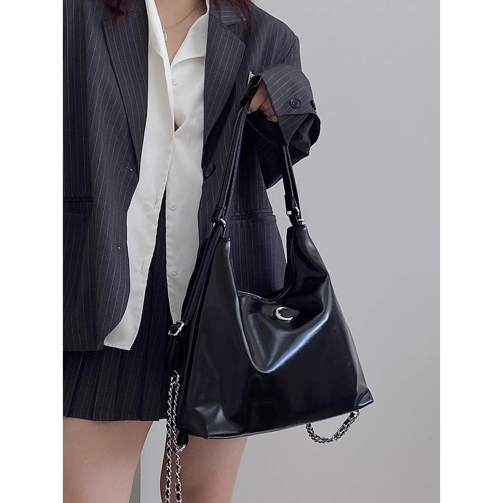 Ielgy Large-Capacity Commuter Soft Leather Multi-Purpose Backpack Preppy Style Fashion All-Match Chain Shoulder Tote Bag