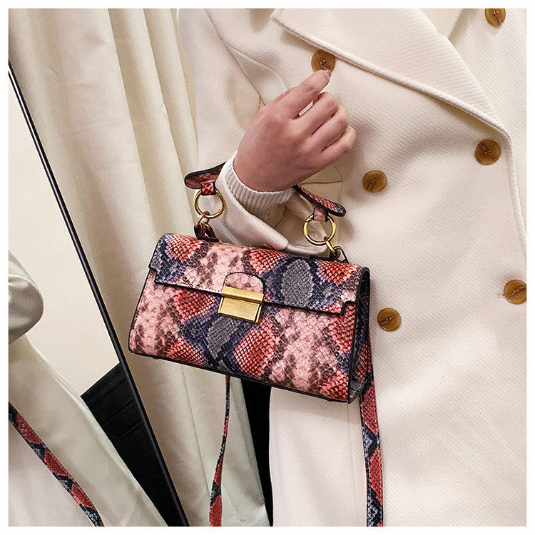 Ielgy Ladies Commuter Shoulder Small Square Bag Contrast Color Snake Pattern Chain Underarm Diagonal Bag