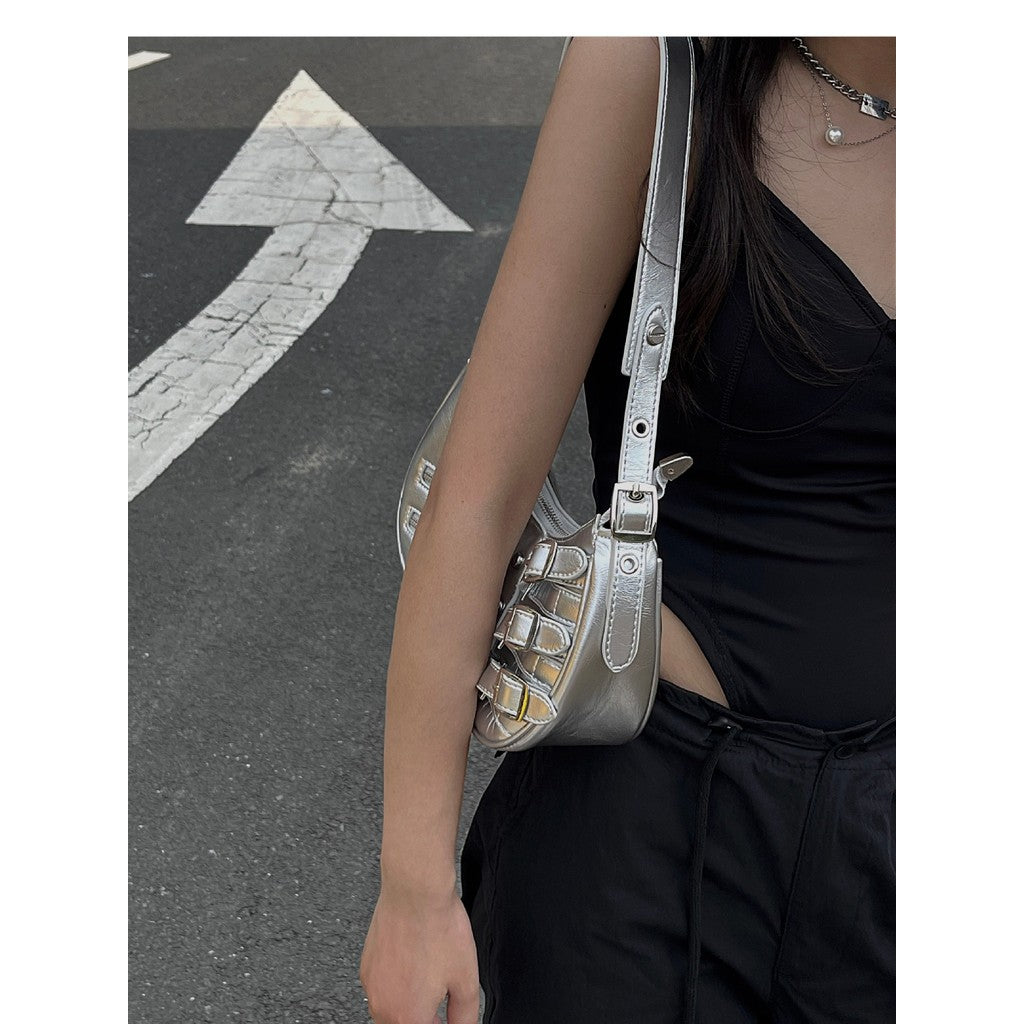 Ielgy Punk Sweet Cool Hot Girl Style Bag Motorcycle One-Shoulder Baguette Underarm Crescent Bag