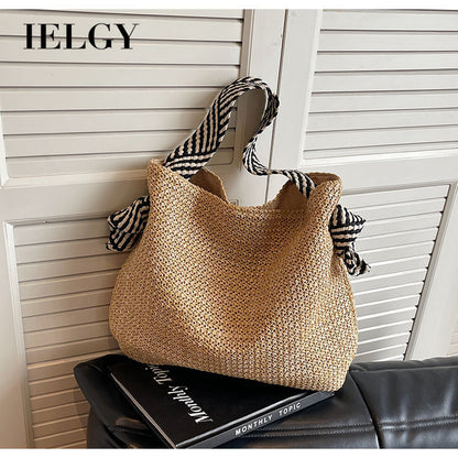 Ielgy Loose Feel Straw Bag Large Capacity Casual One-Shoulder Bucket Bag Woven Seaside Beach Bag