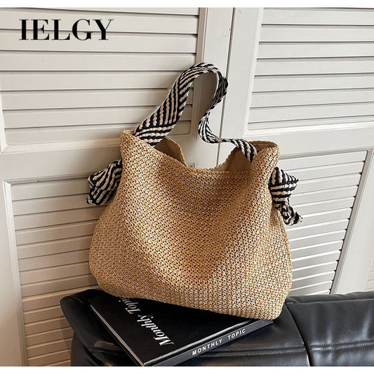 Ielgy Loose Feel Straw Bag Large Capacity Casual One-Shoulder Bucket Bag Woven Seaside Beach Bag