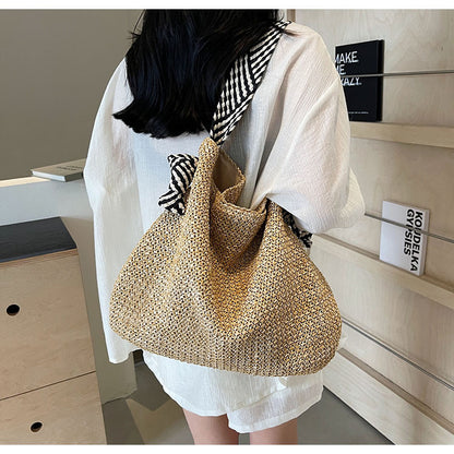 Ielgy Loose Feel Straw Bag Large Capacity Casual One-Shoulder Bucket Bag Woven Seaside Beach Bag