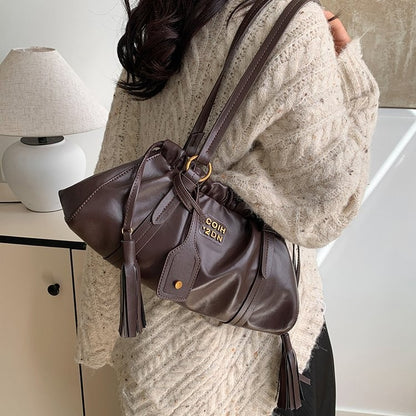 Ielgy Retro Large-Capacity Autumn Winter All-Match Casual Shoulder Bag Simple Work Commuter Tote Bag