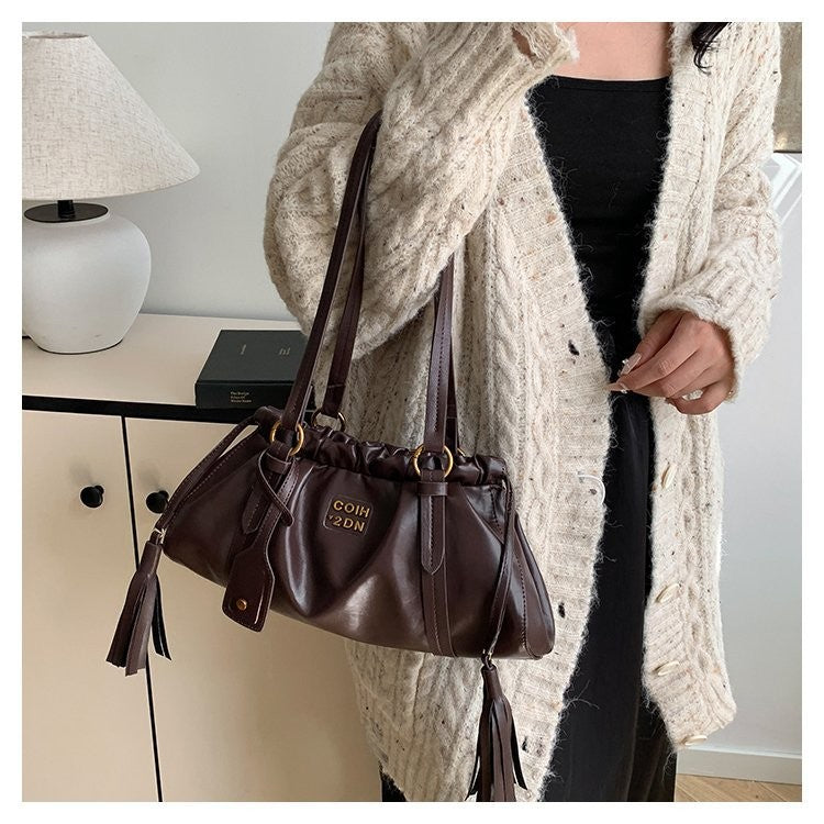 Ielgy Retro Large-Capacity Autumn Winter All-Match Casual Shoulder Bag Simple Work Commuter Tote Bag