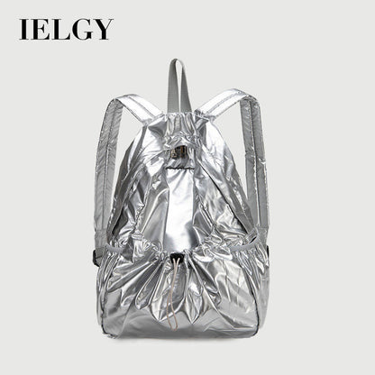 Ielgy Korean Version Drawstring Pleated Silver Backpack Ladies Lightweight Casual Large Capacity Backpack