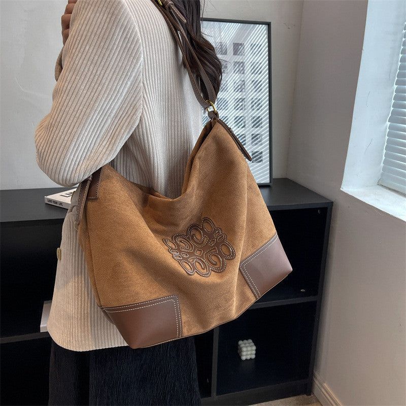 Ielgy Large Capacity Commuter Tote Bag Fashion Autumn Winter Suede One-Shoulder Shopping Bag