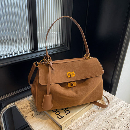 Ielgy Retro High-End Feeling Large-Capacity Shoulder Bag Autumn Winter Frosted Commuter Cross @