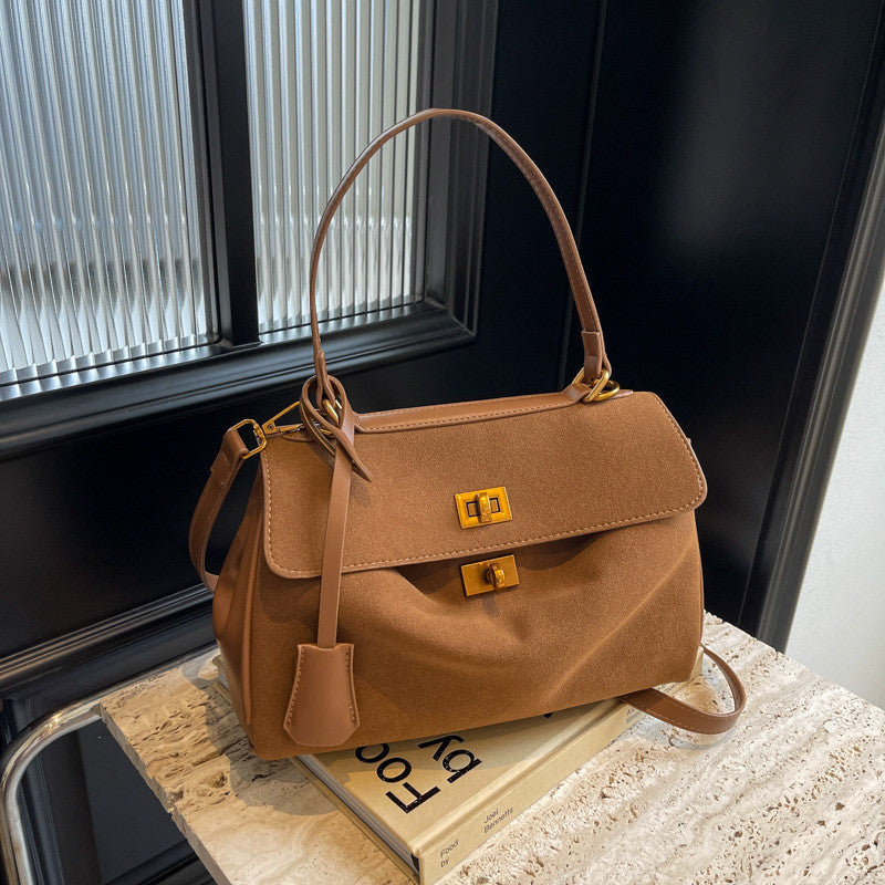 Ielgy Retro High-End Feeling Large-Capacity Shoulder Bag Autumn Winter Frosted Commuter Cross @