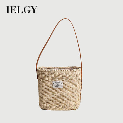 Ielgy All-Match Square Shoulder Straw Bag Ladies Simple Underarm Woven Bag Vacation Style Beach Bag