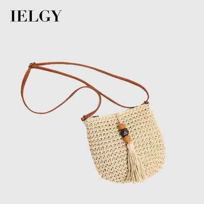 Ielgy One-Shoulder Messenger Straw Woven Female Bag Wooden Bead Tassel Woven Bag Vacation Style Beach Bag