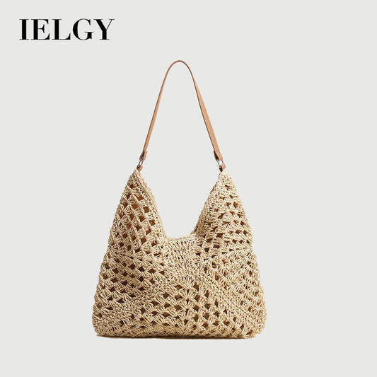 Ielgy Straw Hollow Contrast Color Woven Bag Vacation Beach Bag