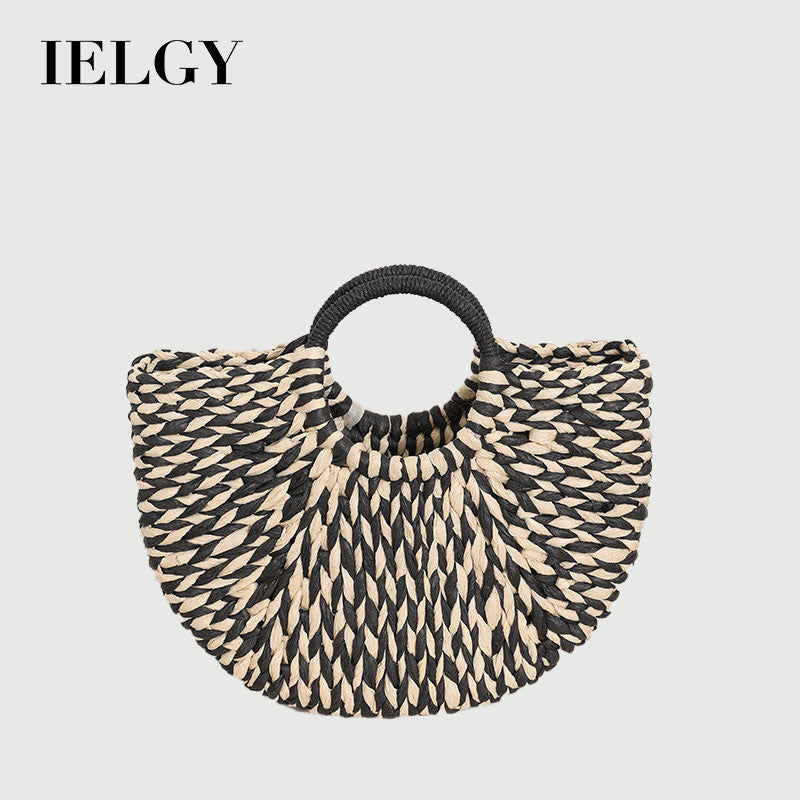 Ielgy Niche Semicircle Portable Straw Bag Retro Color Hand-Carrying Woven Seaside Vacation Beach Bag