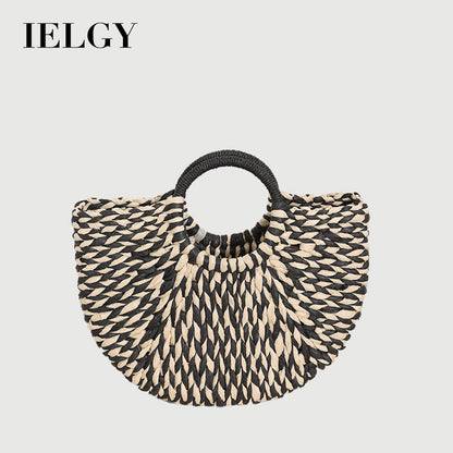 Ielgy Niche Semicircle Portable Straw Bag Retro Color Hand-Carrying Woven Seaside Vacation Beach Bag
