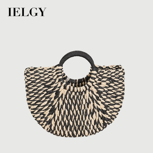 Ielgy Niche Semicircle Portable Straw Bag Retro Color Hand-Carrying Woven Seaside Vacation Beach Bag