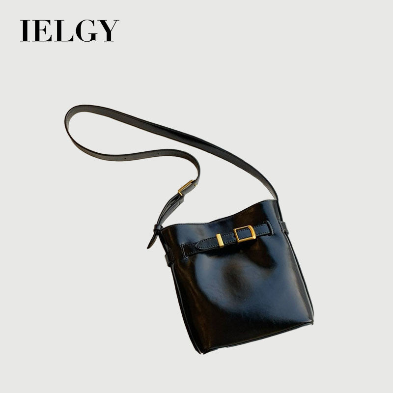 Ielgy Niche Design Oil Wax Leather Small Bucket Bag Ladies Black Retro One-Shoulder Messenger Casual Bag