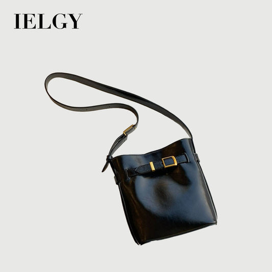Ielgy Niche Design Oil Wax Leather Small Bucket Bag Ladies Black Retro One-Shoulder Messenger Casual Bag