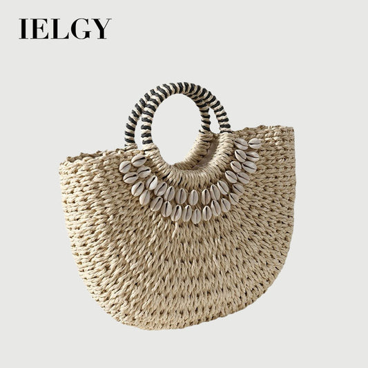 Ielgy Ladies Retro Straw Woven Portable Semicircle Shell Hand-Woven Seaside Vacation Beach Bag