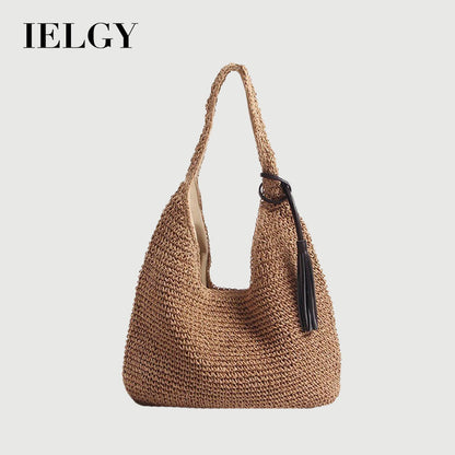 Ielgy One-Shoulder Large-Capacity Straw Bag Casual Beach Bag Vacation One-Shoulder Portable Commuter Fe