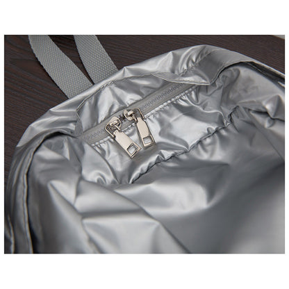 Ielgy Korean Version Drawstring Pleated Silver Backpack Ladies Lightweight Casual Large Capacity Backpack