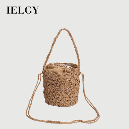 Ielgy Niche Design Straw Bucket Bag French Retro Crossbody Portable Woven Vacation Beach Bag