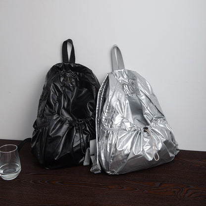 Ielgy Korean Version Drawstring Pleated Silver Backpack Ladies Lightweight Casual Large Capacity Backpack